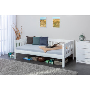 Divano letto singolo, in pino massello color bianco, cm 98x205x63, rete a doghe inclusa