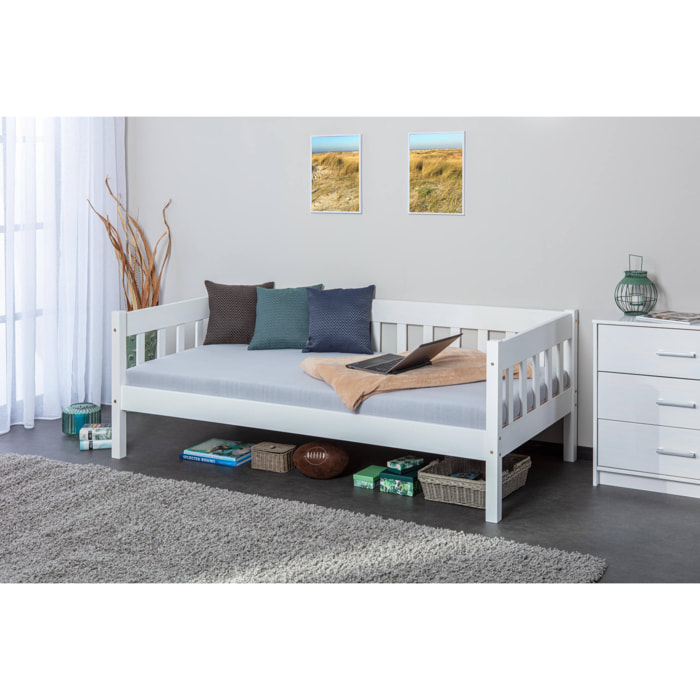 Divano letto singolo, in pino massello color bianco, cm 98x205x63, rete a doghe inclusa