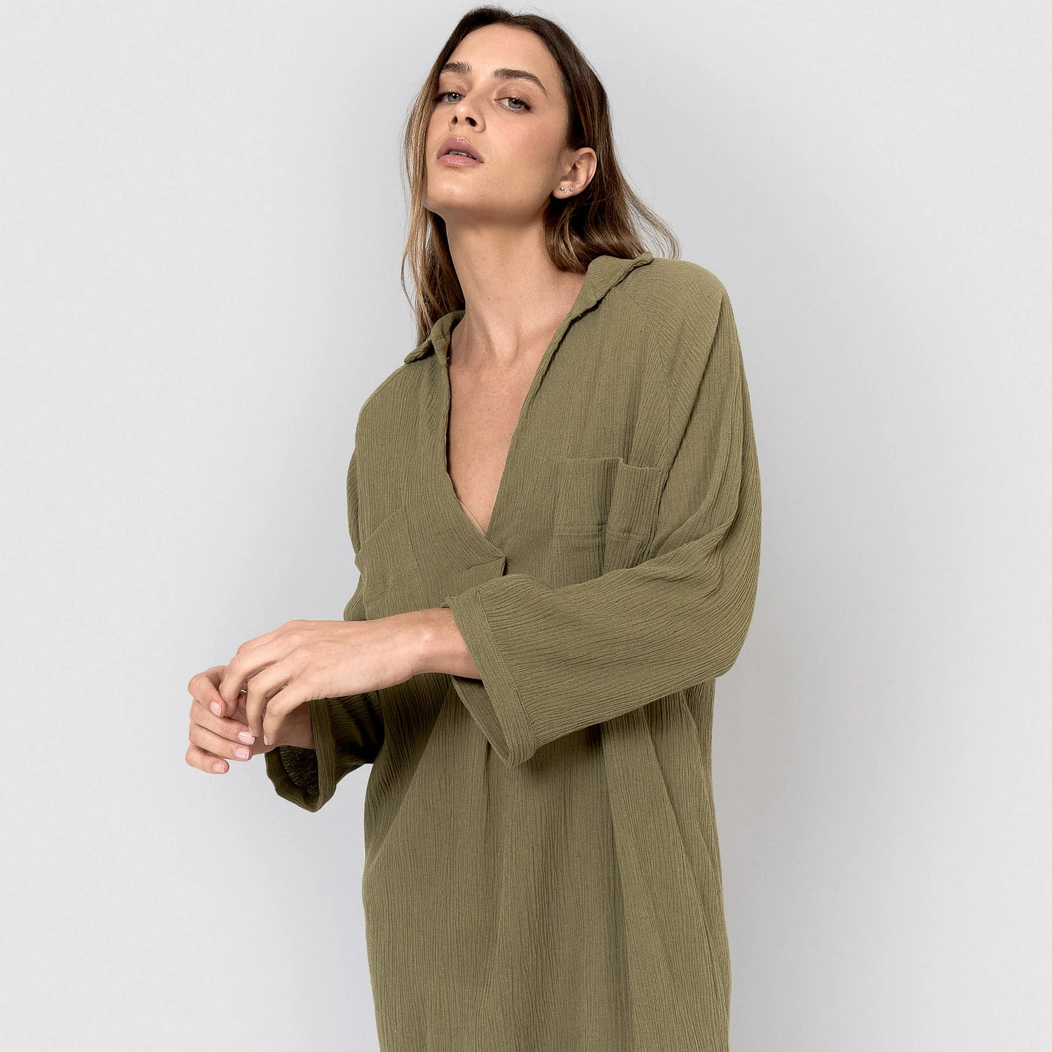 Vestido midi algodón lino verde cacería