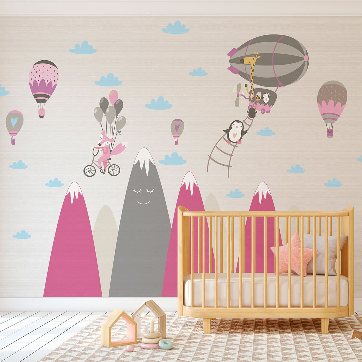 Stickers muraux enfants - Décoration chambre bébé - Autocollant Sticker mural géant enfant montagnes scandinaves ANIMAUX HEUREUX