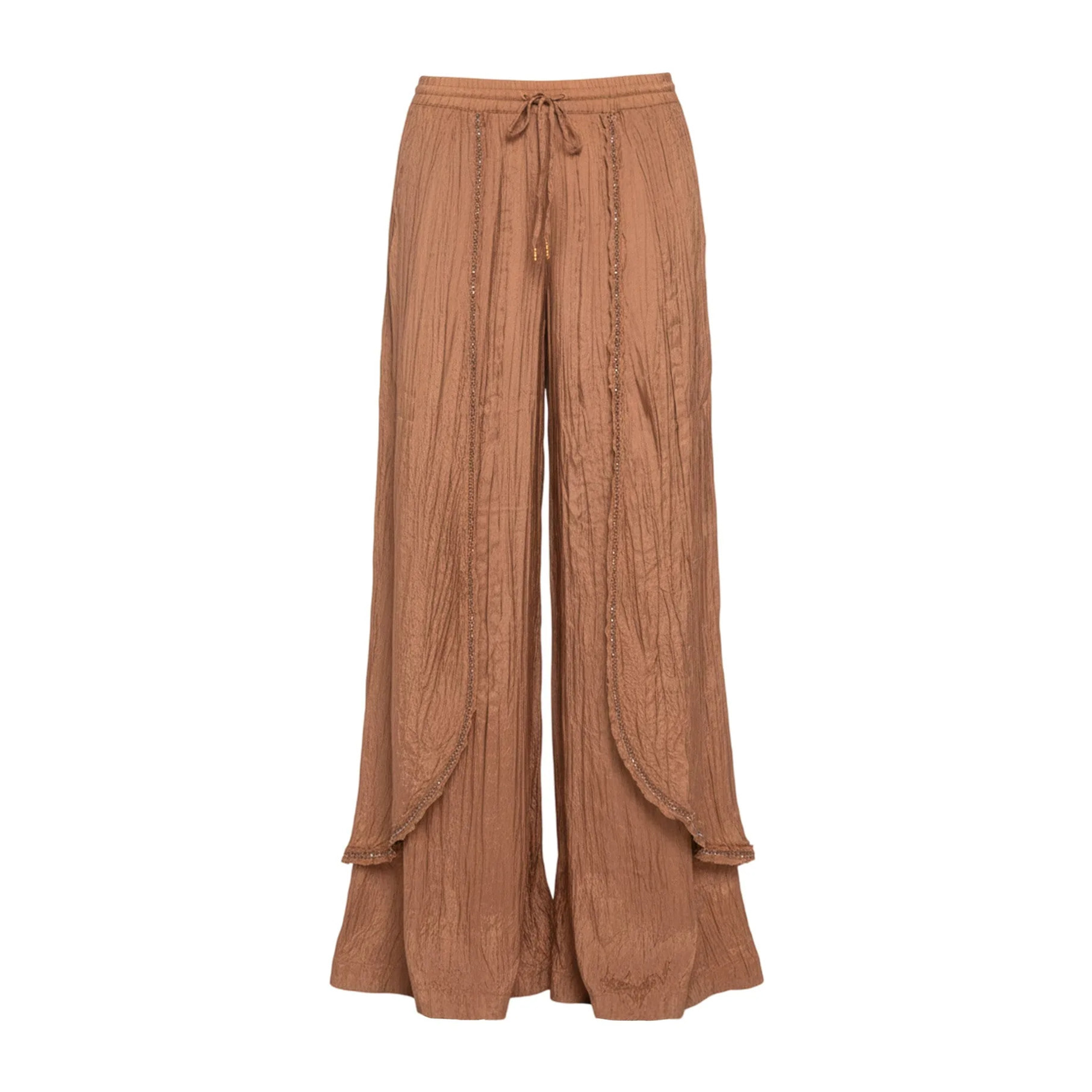 Pantalón ancho de mujer fluido con capas y abalorios