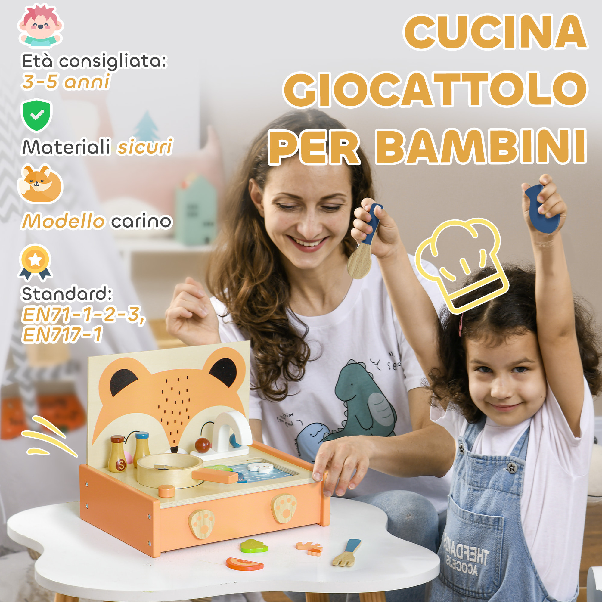 AIYAPLAY Cucina Giocattolo per Bambini 3-5 Anni con Fornello e 12 Accessori in Legno, Multicolore