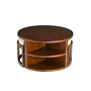 LAUREN - Table basse ronde marron 2 tabourets avec coussins écrus bois Mindi