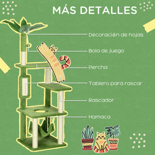 Árbol Rascador para Gatos Grandes de 142 cm Torre para Gatos de Interior con Postes de Sisal Plataformas Hamaca Hojas y Bola de Juguete 49x49x142 cm Verde