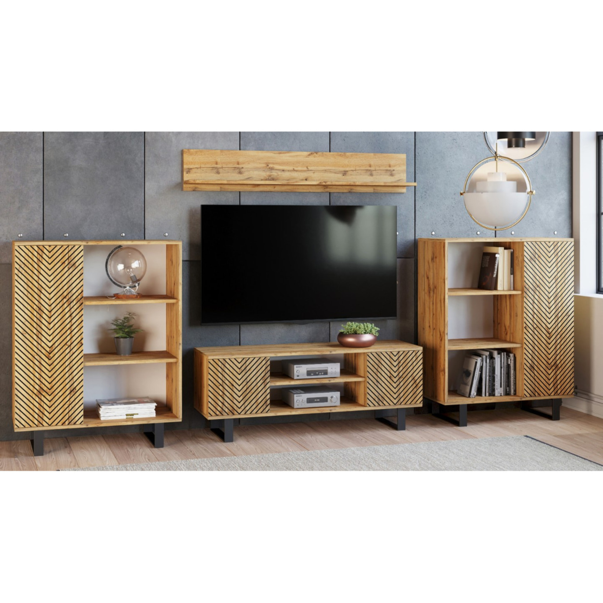 Mobile Porta TV Focus in Rovere Craft con Decoro a Spina di Pesce