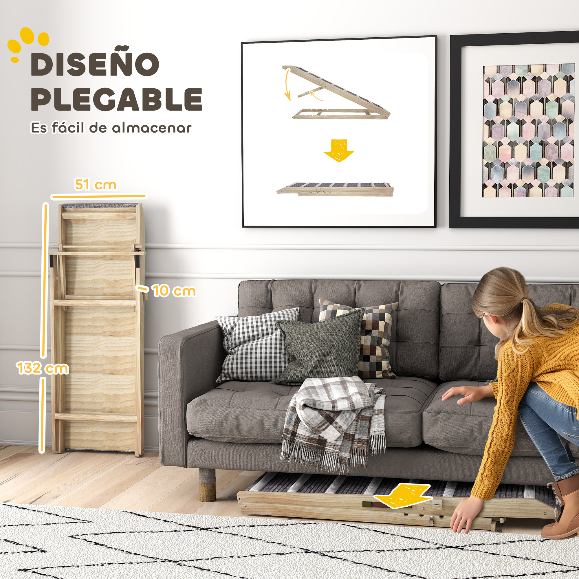 Rampa para Perros Plegable y Altura Ajustable 41-60 cm, Rampa para Mascotas de Madera con Alfombrilla Antideslizante y Asa, para Perros Pequeños Medianos y Grandes, para Cama Sofá, 120x50x60 cm