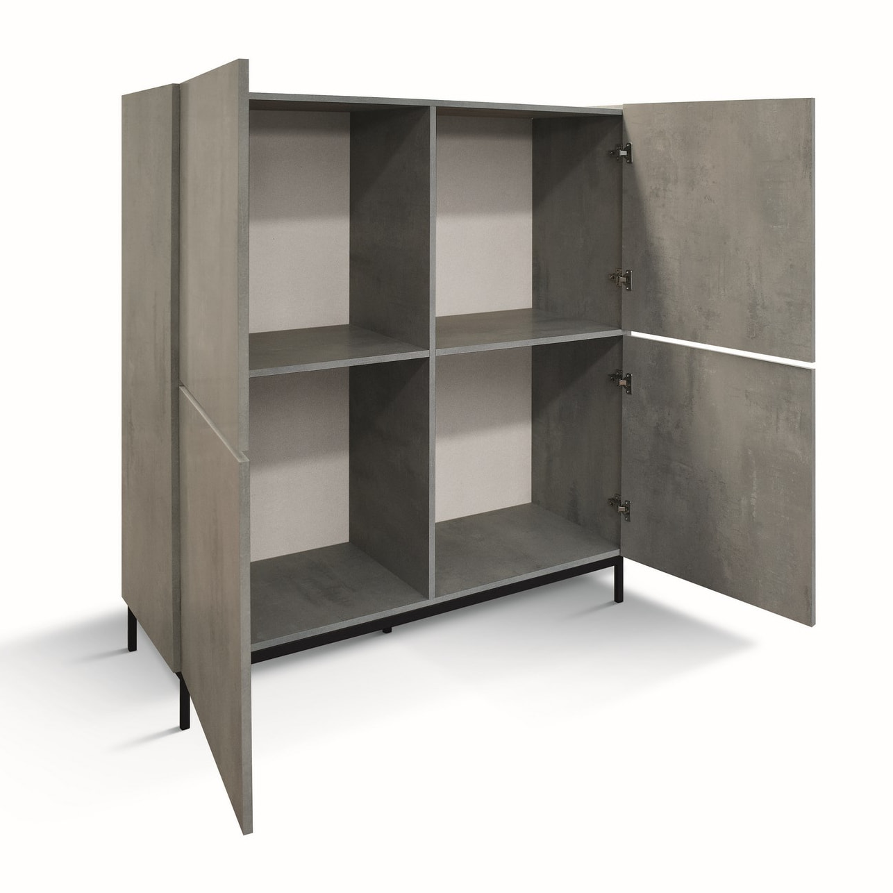 Credenza PIETRASANTA in legno, finitura in grigio cemento, piano effetto marmo statuario, 136x50 cm