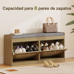 Banco Zapatero, Banco Recibidor Bohemio, con Asiento Acolchado, Puertas Frentes de Ratán, Estante Ajustable, para 8 Pares de Zapatos, para Entrada, 105x35x47 cm, Natural
