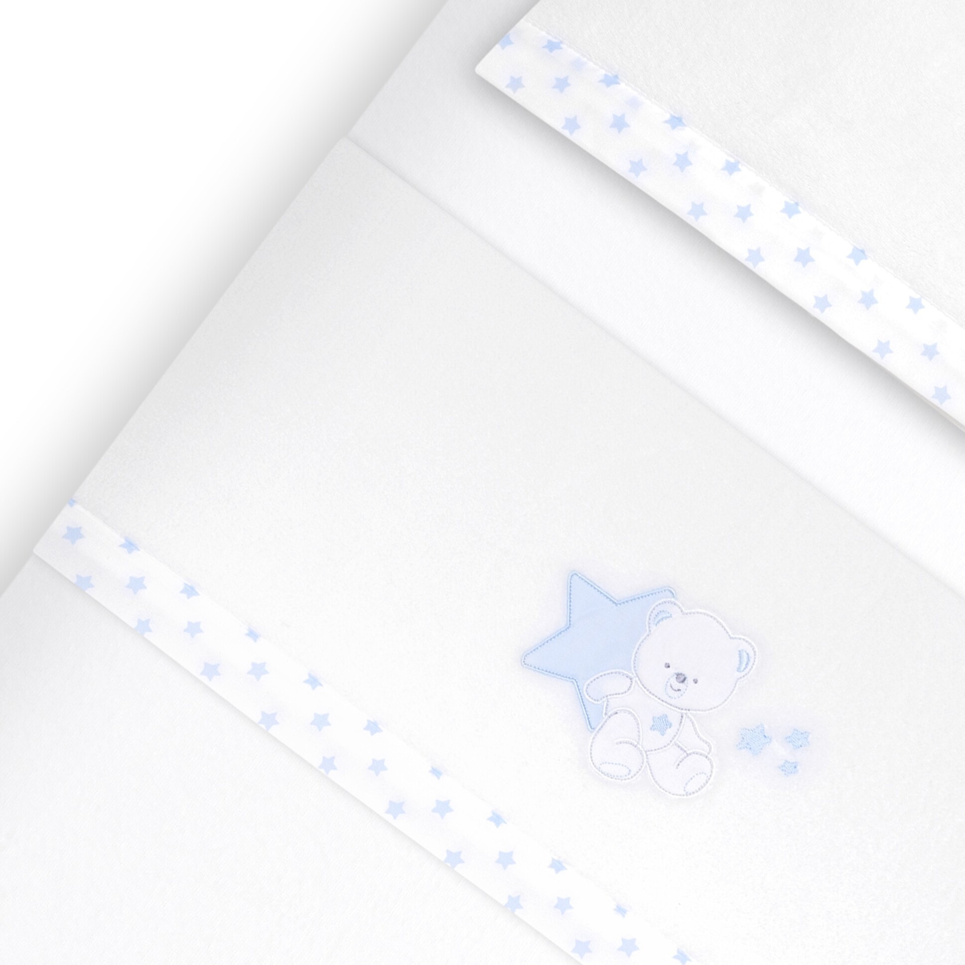Triptico Cuna Coralina Modelo Osito Sentado + Broche Bco/Azul