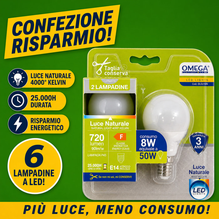 OMEGA Set 6 lampadine sfera led 8W E14 4000K