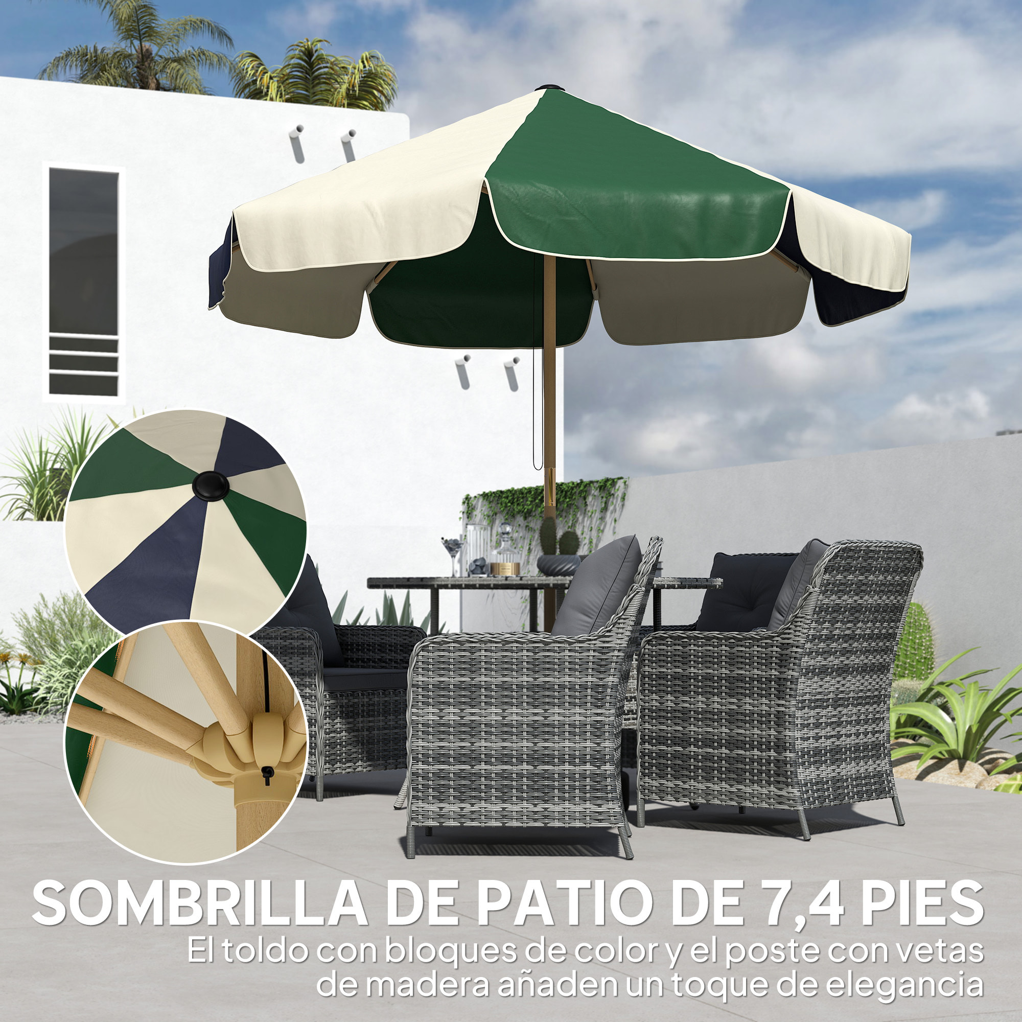 Sombrilla Terraza Exterior, Ø2,3 m, Sombrilla de Jardín con Marco de Efecto Madera, Polea con Cuerda, Dosel Bicolor, UPF30+, Parasol para Playa, Patio, Terraza, Verde Oscuro
