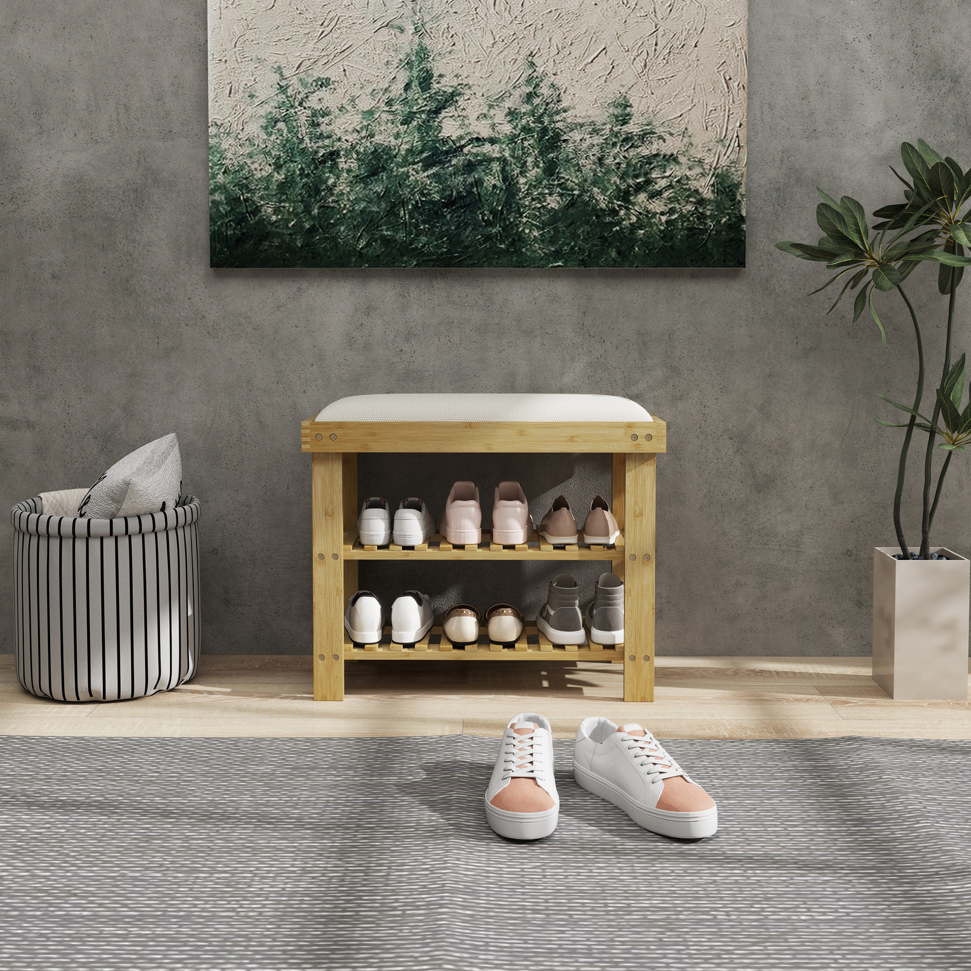 Banco Zapatero de Bambú Zapatero con Asiento Acolchado 2 Estantes para 6 Pares de Zapatos para Entrada Dormitorio 60x29x49 cm Natural y Crema