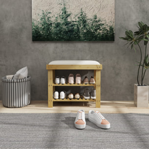 Banco Zapatero de Bambú Zapatero con Asiento Acolchado 2 Estantes para 6 Pares de Zapatos para Entrada Dormitorio 60x29x49 cm Natural y Crema