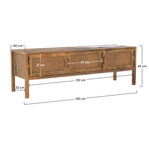 Meuble TV en bois de manguier et cannage 140 cm - Tiki