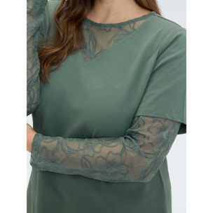Fiorella Rubino - T-shirt con maniche e scollo in pizzo - Verde militare