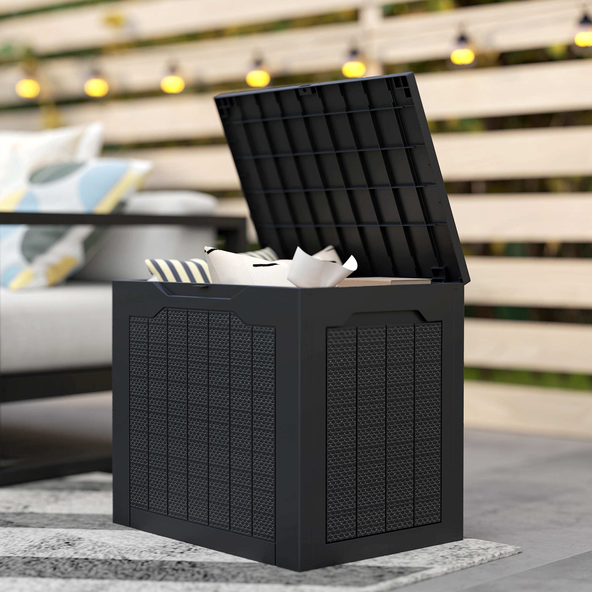 Outsunny Baúl de Almacenaje Exterior 97L Arcón de Jardín Exterior Pequeño de Plástico Impermeable con 2 Asas Integradas y Soporte para Candado 56x41x50 cm Negro