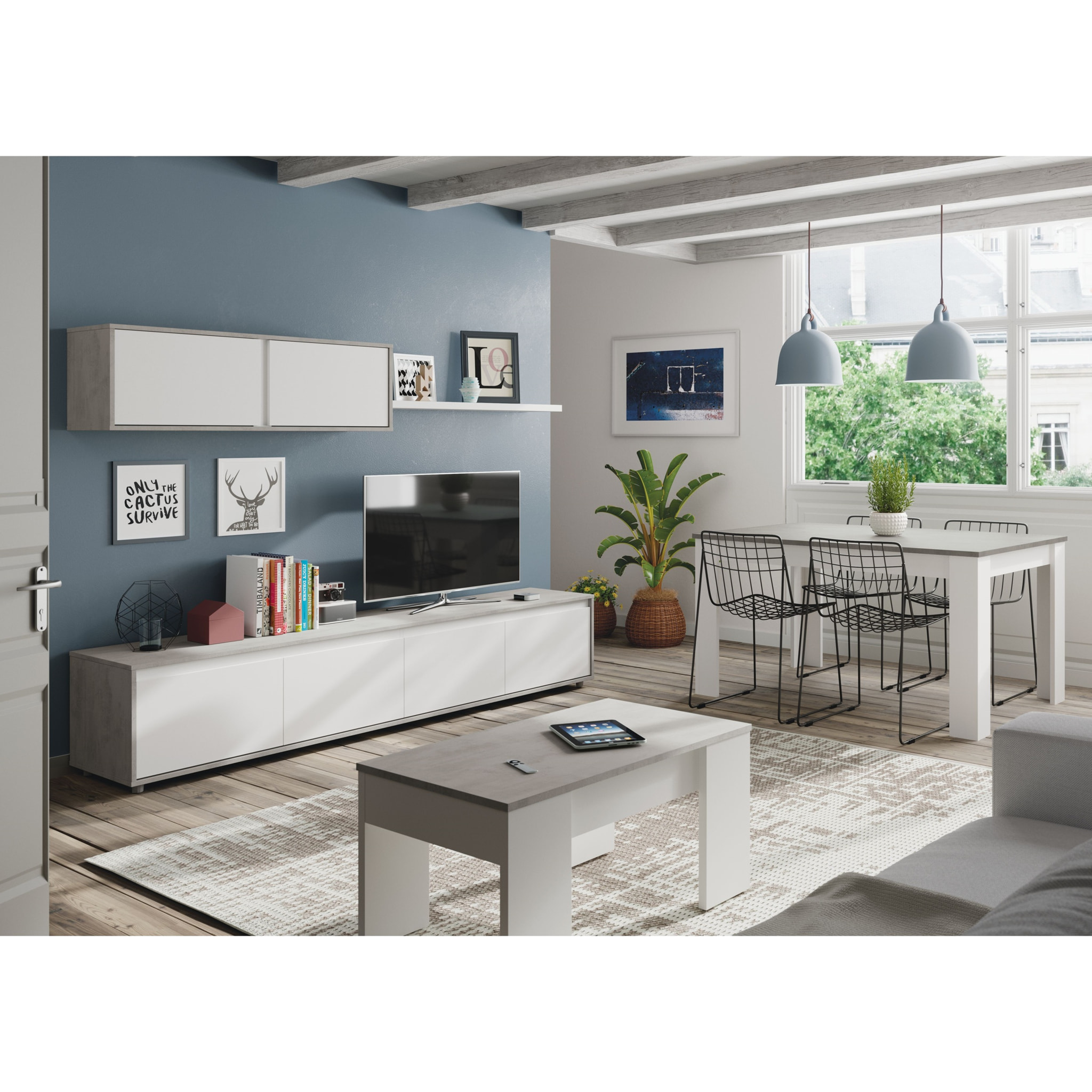 Parete Attrezzata Ginevra Mobile Soggiorno TV con Mensole Salotto Legno Base Televisione Sala da Pranzo Design Moderno 200x41x43 cm Bianco e Cemento