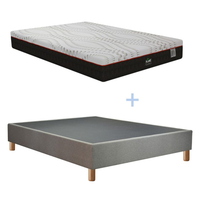 Ensemble Matelas Kineflex & sommier déco | Mémoire de forme et Aloe Vera rafraîchissant | Cadre à lattes | Tissu | Gris clair