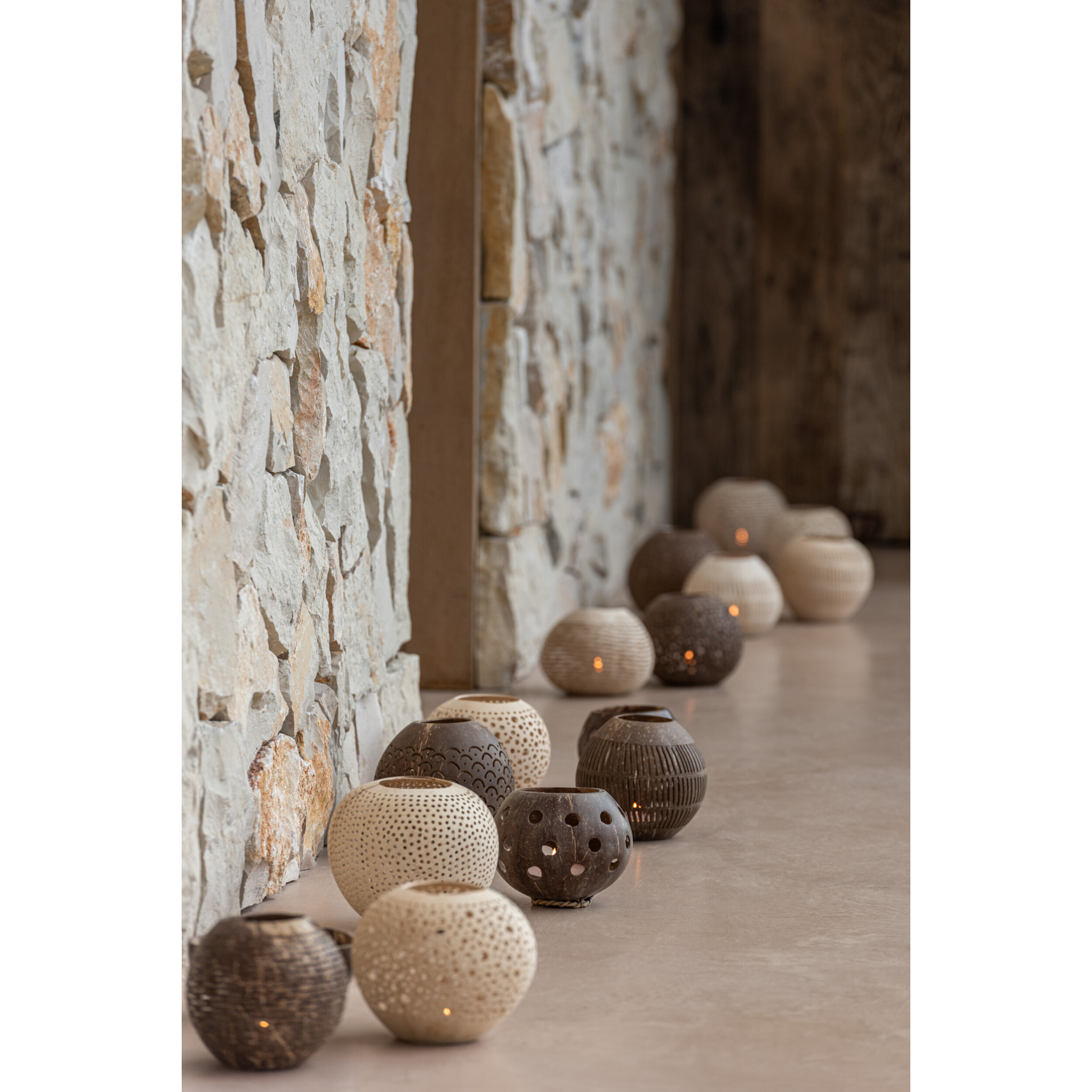 J-Line photophore Noix De Coco Lignes - rotin - marron - 3 pièces