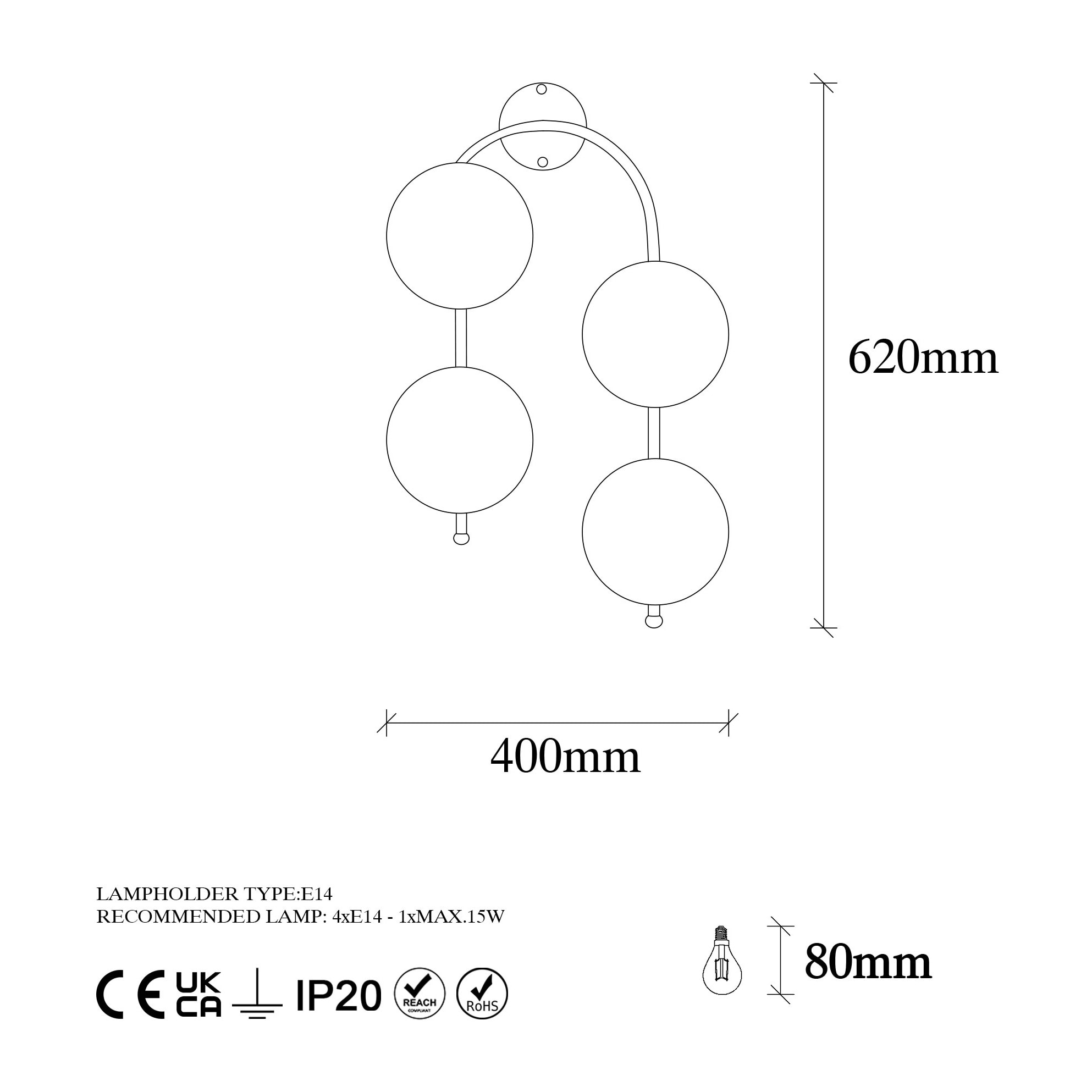 Aplique de pared curvo, 4 blancas, metal , oro brillante, 40x26x62, casquillo 4 x E14 Max 15 W