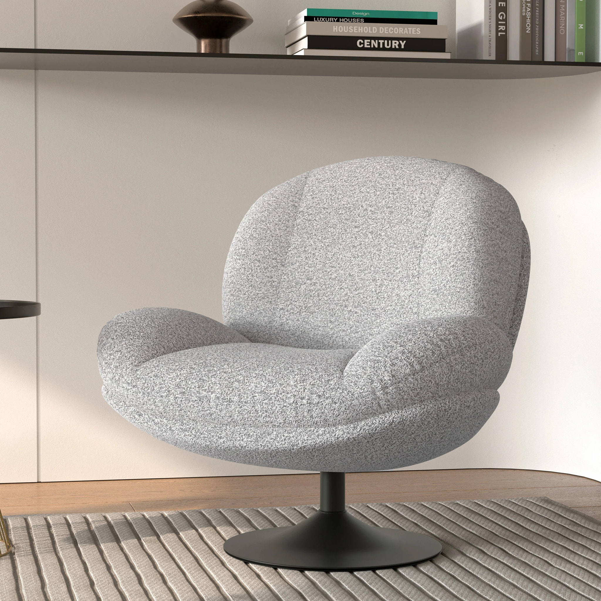 Fauteuil pivotant en tissu bouclé gris chiné - Ricci