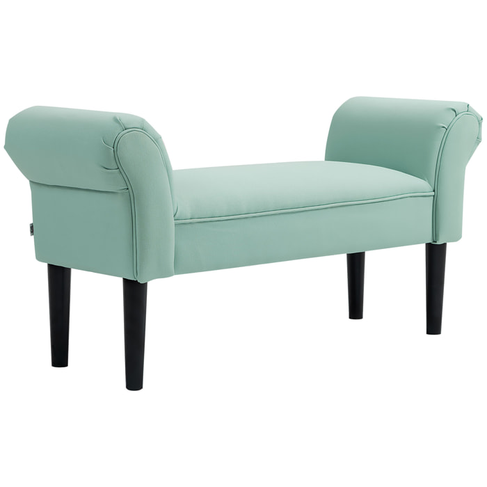 Banco Pie de Cama, Taburete Pie de Cama Tapizado en Lona con Patas de Madera, Reposabrazos y Asiento Acolchado, Estilo Moderno, Banco para Dormitorio, Entrada, Pasillo, Verde Claro
