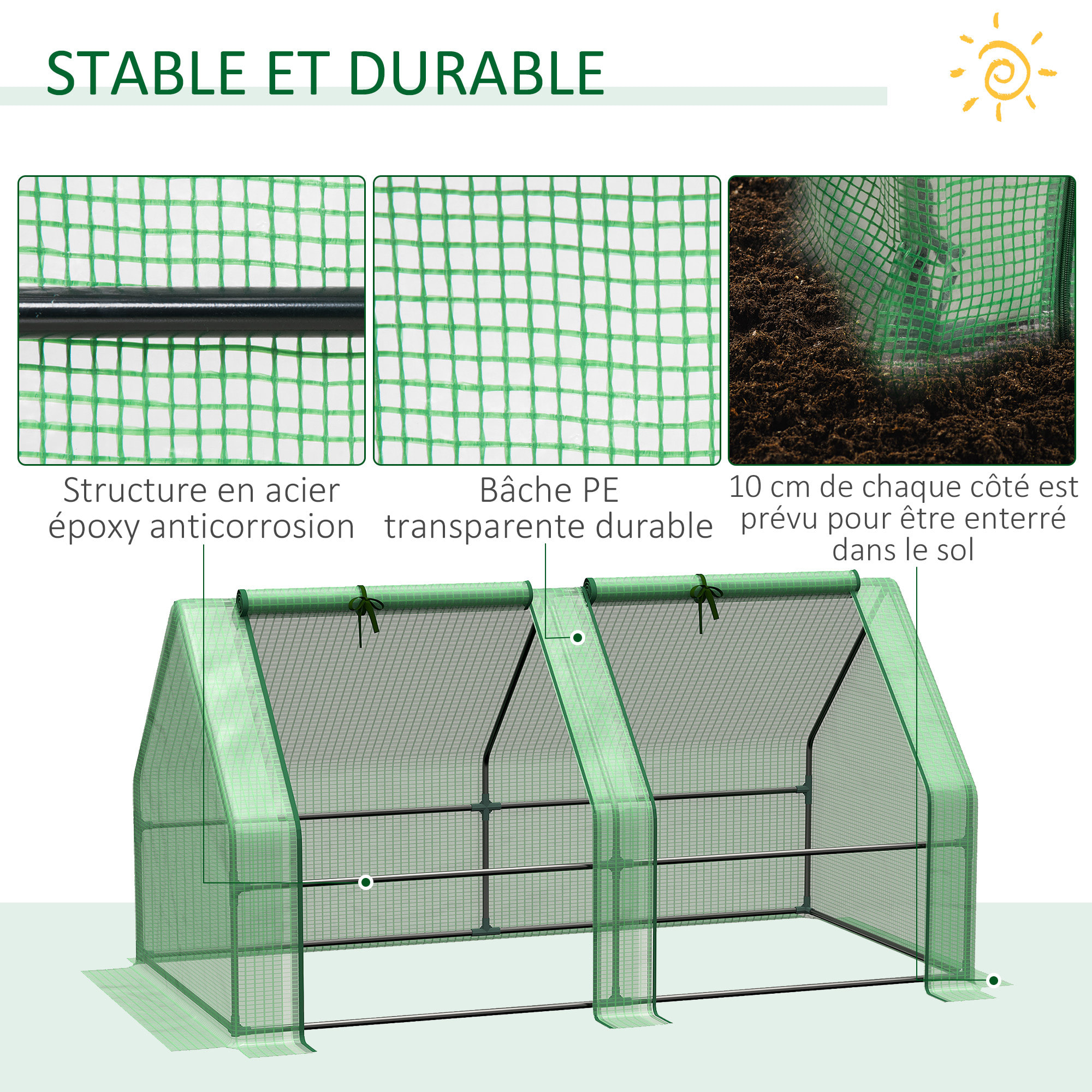 Mini serre de jardin serre à tomates dim. 180L x 90l x 90H cm acier PE haute densité 140 g/m² anti-UV 2 fenêtres zippées enroulables vert