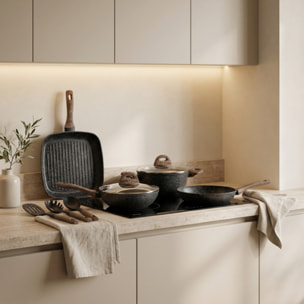 Set pentole e padelle 10 pezzi antiaderente stone, batteria cucina induzione con wok casseruola padella bistecchiera e utensili, rivestimento marmorizzato, manici soft touch effetto legno, adatto a tutti i piani cottura