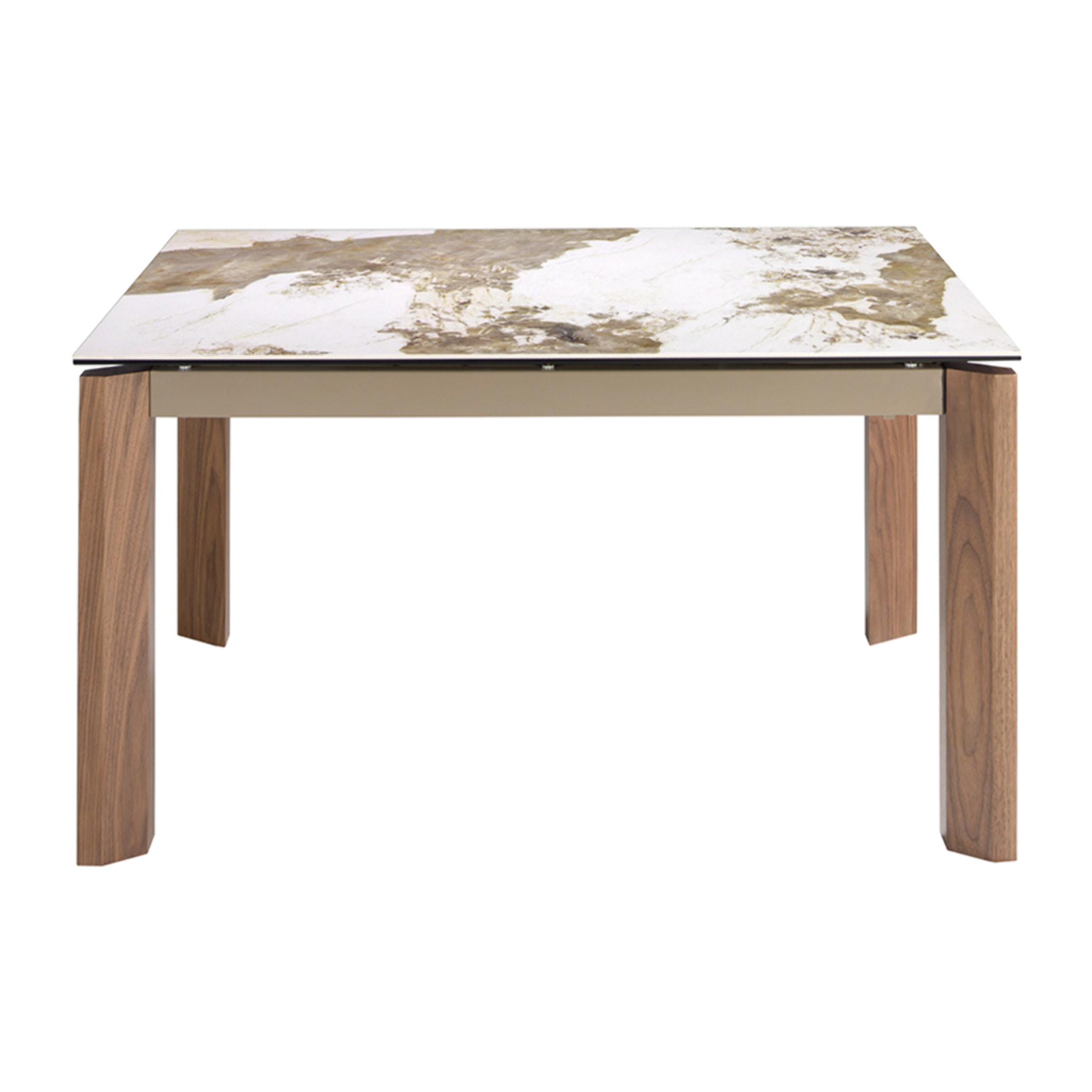 Mesa comedor extensible rectangular con tapa de mármol porcelánico blanco con vetas en tonos tierra en acabado brillo 140x90x76cm