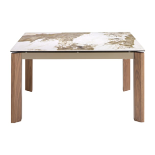 Mesa comedor extensible rectangular con tapa de mármol porcelánico blanco con vetas en tonos tierra en acabado brillo 140x90x76cm