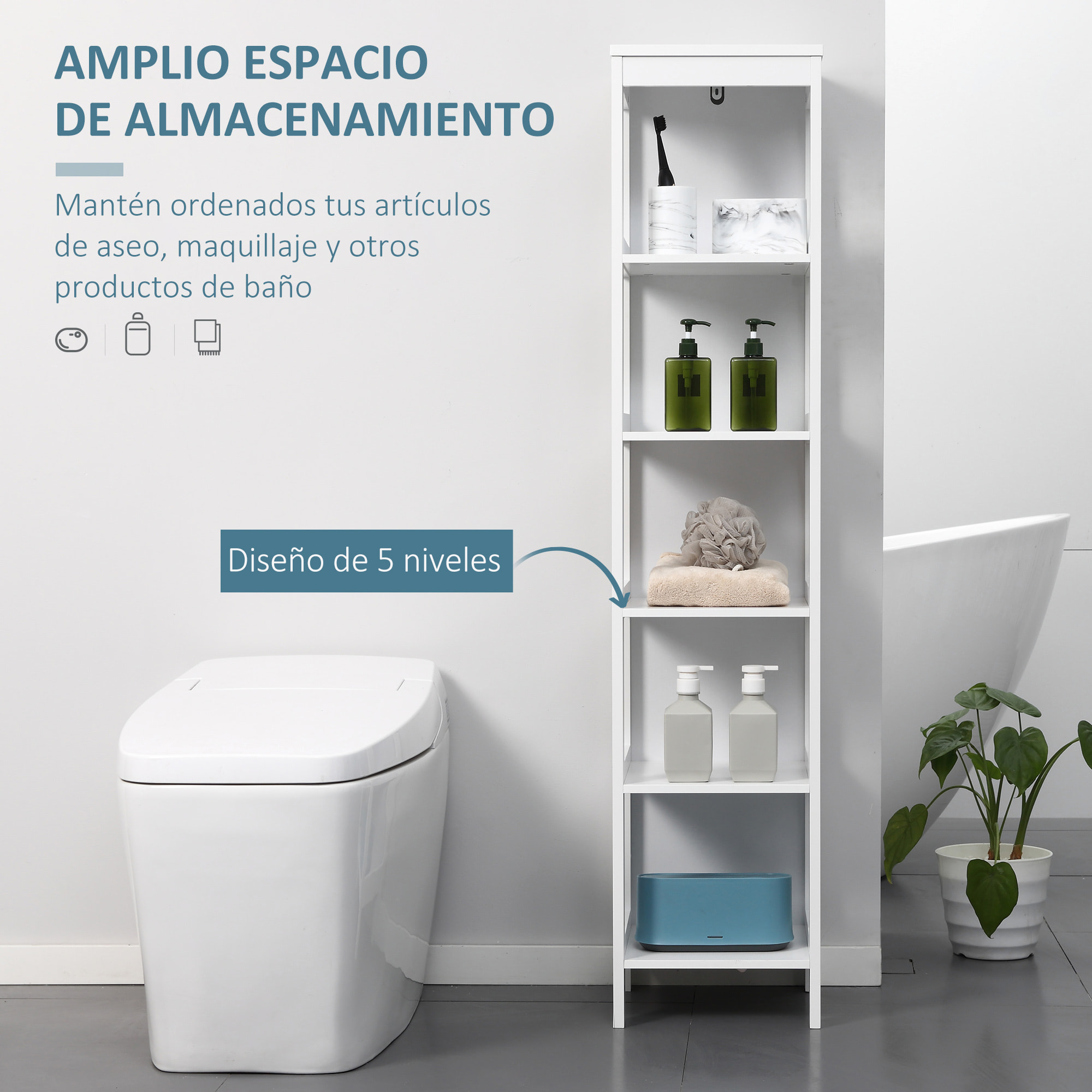 kleankin Estantería de Baño de Suelo de 5 Niveles Mueble Auxiliar de Almacenaje para Cocina Salón Dormitorio Estilo Moderno Antivuelco Carga 30 kg 30x30x140 cm Blanco