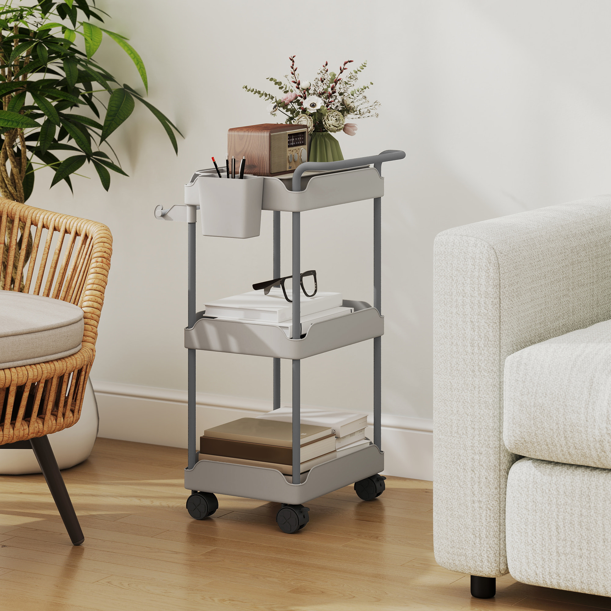 Carrito Auxiliar con Ruedas de 3 Niveles, Carrito de Cocina con Cestas Extraíbles, Ruedas con Freno, Soporte para Toallas y Marco de Metal, para Comedor, Salón, Baño, Oficina, Gris