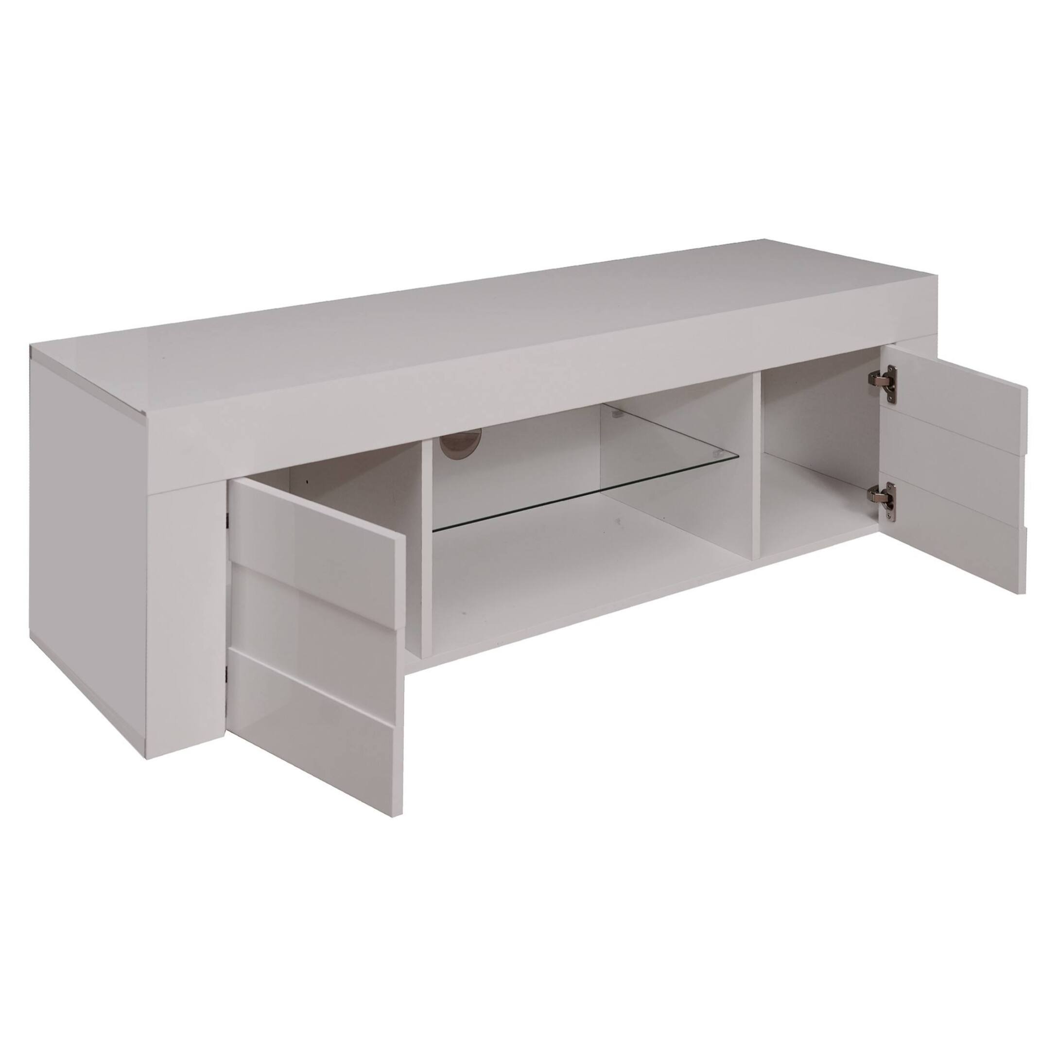 Mobile da soggiorno porta TV moderno, Credenza bassa a 2 ante, Made in Italy, cm 181x42xh44, colore Bianco lucido