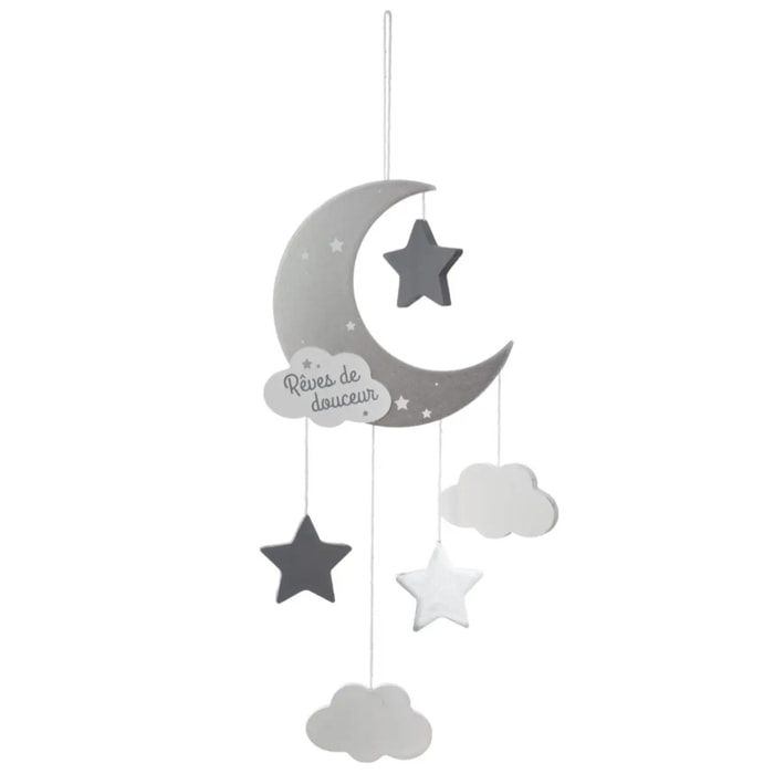 Suspension enfant "Lune" - bois et coton - gris - H46 - 5 cm