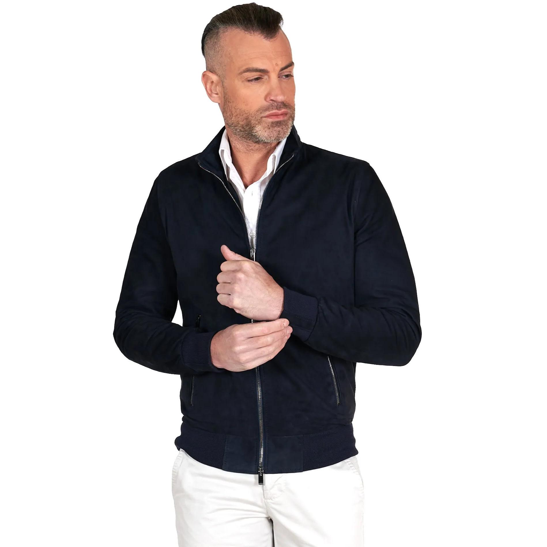 Giubbotto bomber in pelle scamosciata blu collo coreana