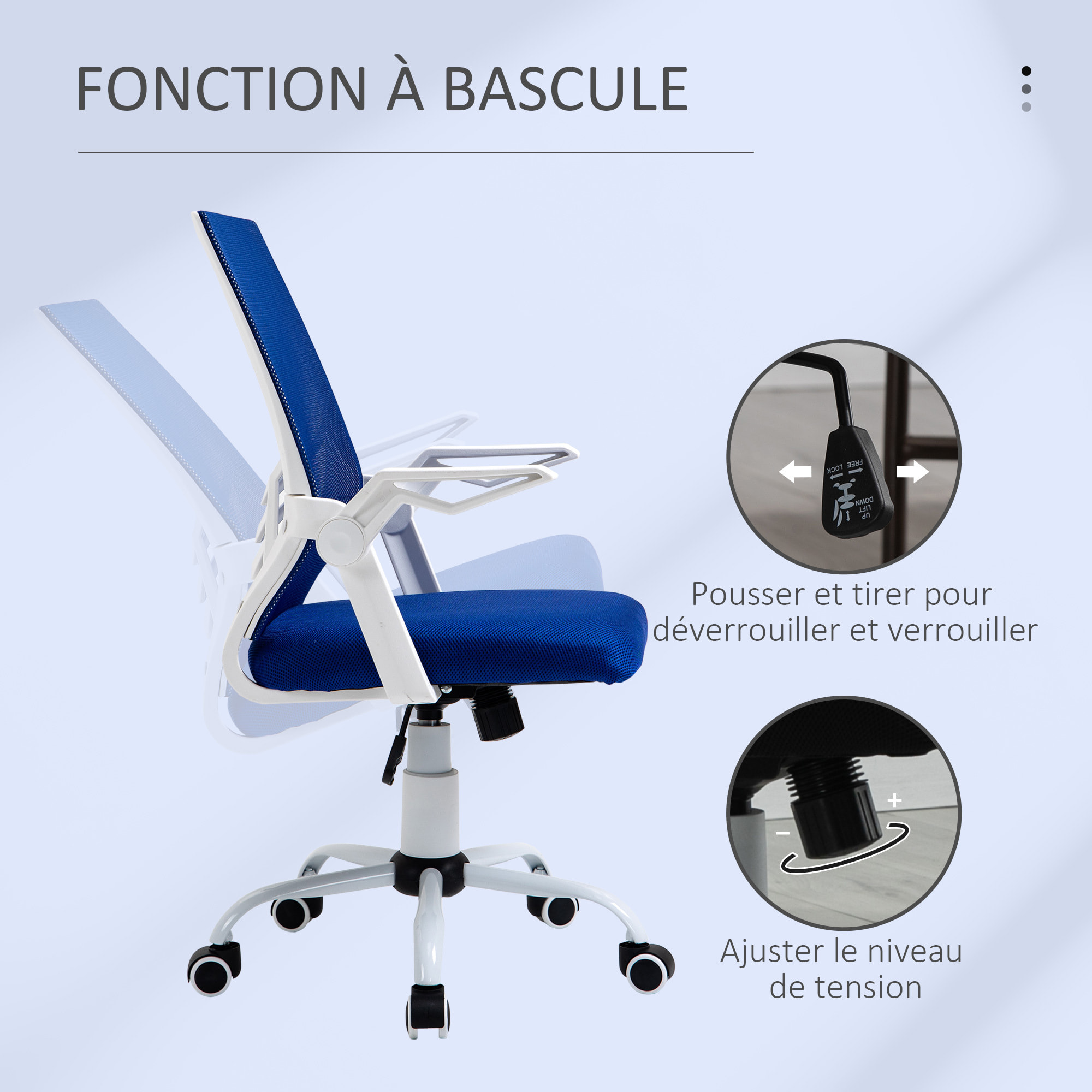 Vinsetto Chaise de bureau ergonomique support lombaires hauteur réglable pivotante 360° accoudoirs relevables polyester maille bleu