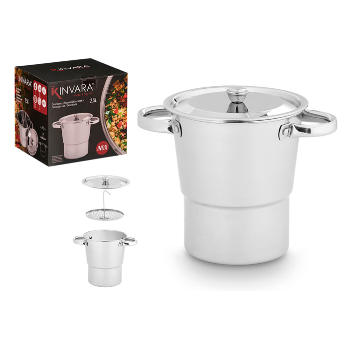 Cuscusera de acero inoxidable con 2,5L de capacidad.