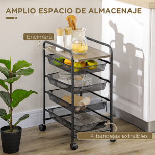 Carrito de Almacenamiento de 5 Niveles Carro Multiusos con Ruedas Carrito de Cocina 4 Bandejas Extraíbles y Tablero de Madera para Salón Dormitorio 41,5x31x66 cm Negro