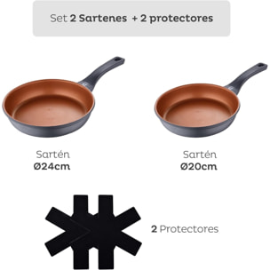 Juego de sartenes antiadherentes, set de 2 piezas y 2 protectores, fabricadas con aluminio fundido, aptas para inducción - bronce