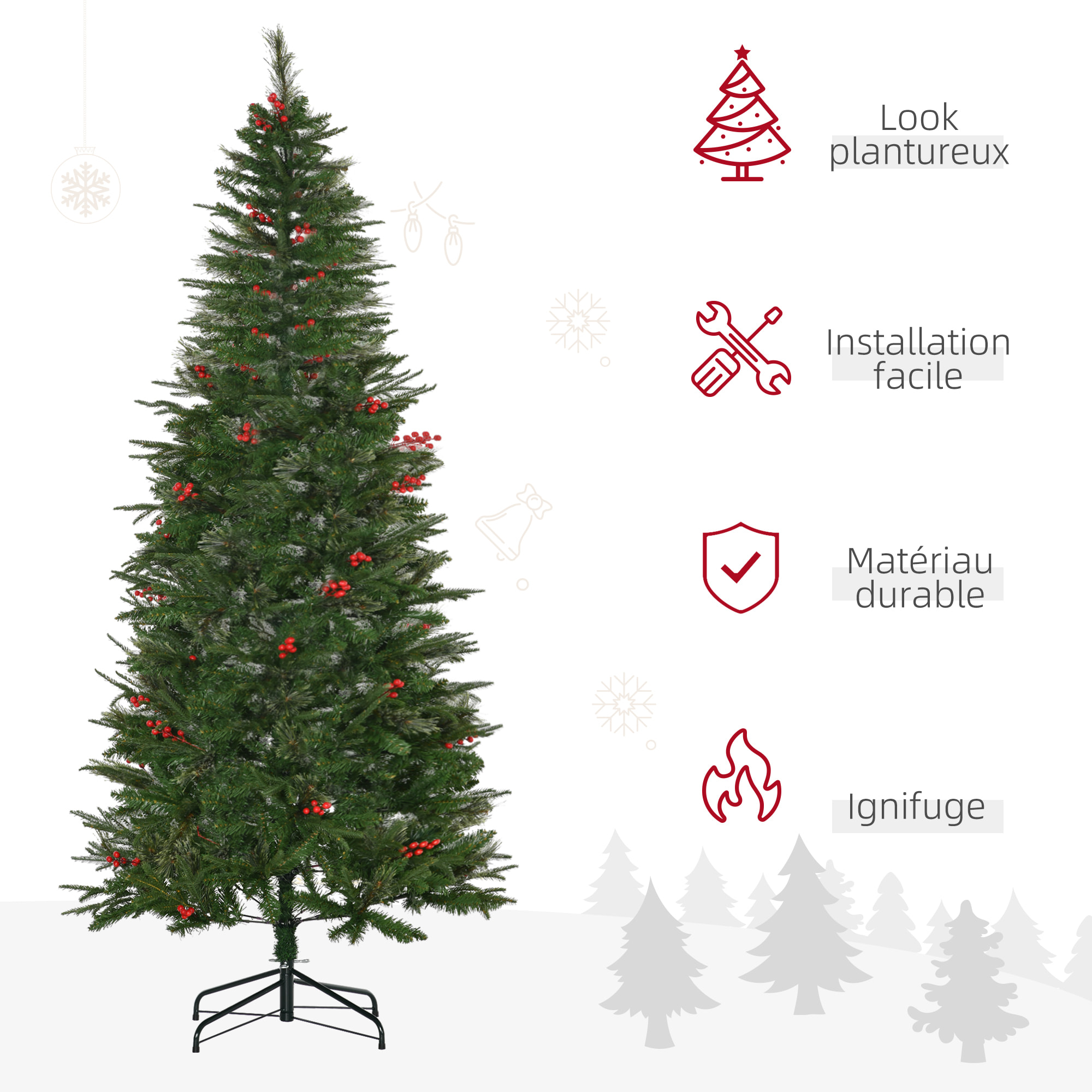 Sapin de Noël artificiel décoré Ø 78 x 210H cm 746 branches épines grand réalisme 45 baies rouges