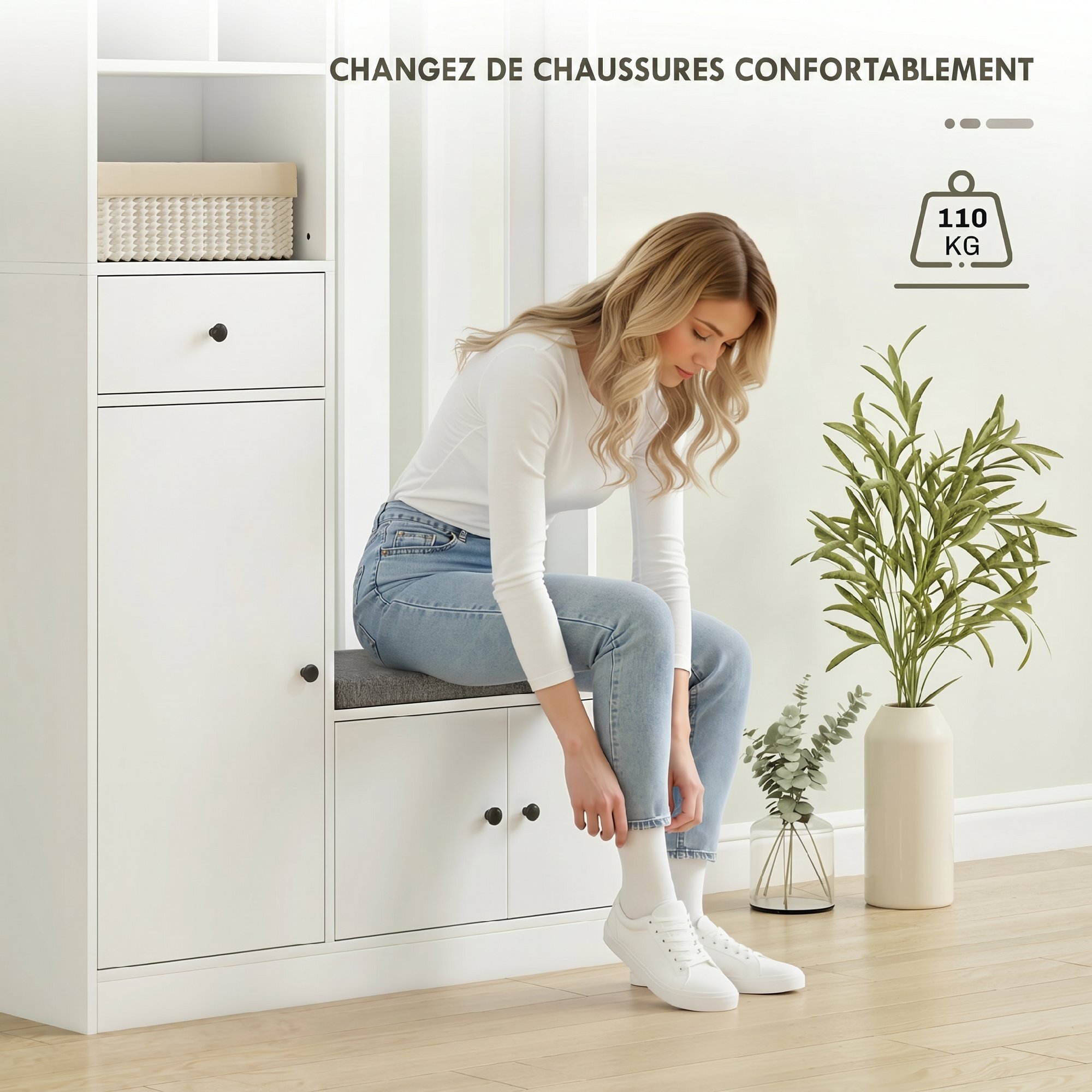 Vestiaire d'entrée banc chaussures multi-rangement gris blanc