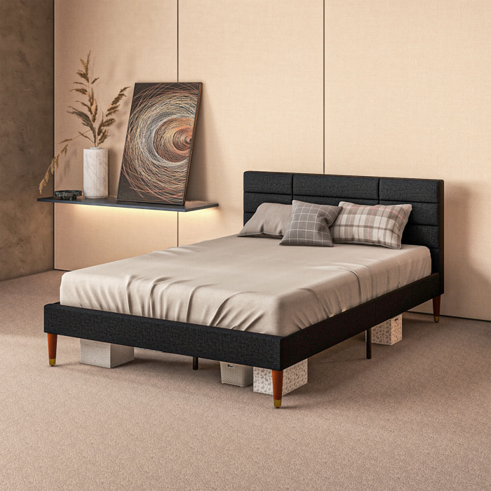 Lit double design industriel - tête de lit, pied de lit et sommier - dim. 141l x 207P x 88H cm - compatible matelas 140 x 200 cm - tissu 100% polyester, rembourrage mousse, bois d'eucalyptus, panneau multicouche