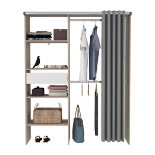 MONTRELO Dressing avec rideau, 4 étagères, 2 penderies et un tiroir bois et blanc