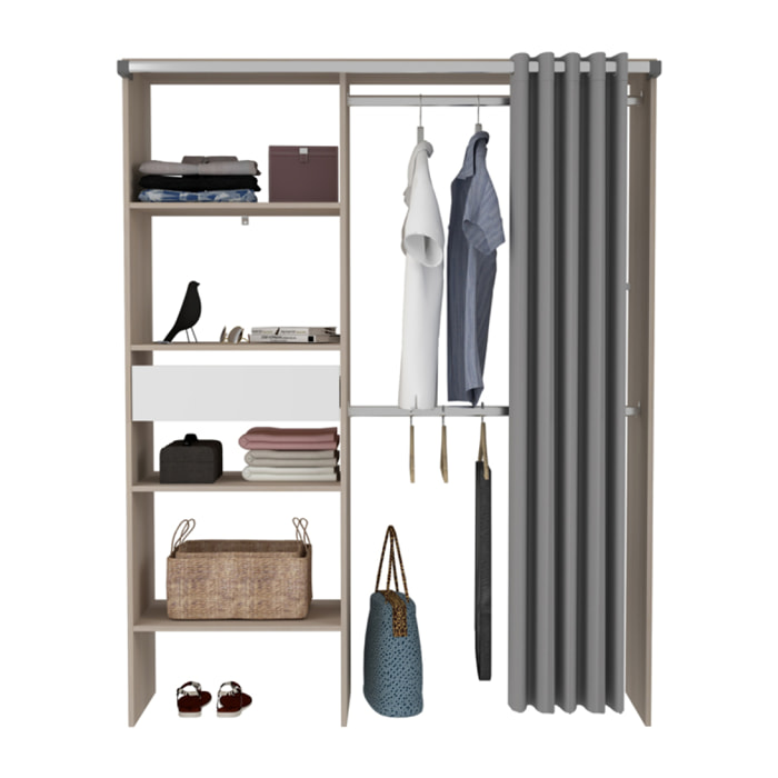 MONTRELO Dressing avec rideau, 4 étagères, 2 penderies et un tiroir bois et blanc