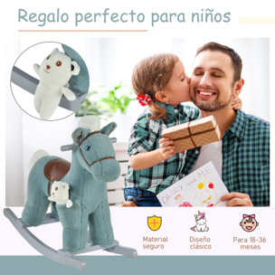 Caballito Balancín para Niños 18-36 Meses Caballo Mecedora Felpa con Osito de Peluche Sonidos de Relincho y Galope Base de Madera 65x26x55 cm Azul