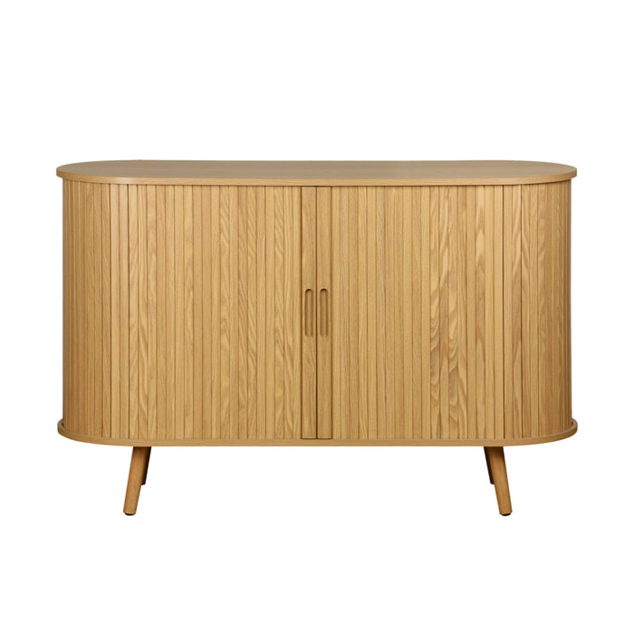 Buffet scandinave 2 portes coulissantes. 4 compartiments. effet bois rainuré. couleur naturelle. buffet bas. L 120 x P 40 x H 75cm