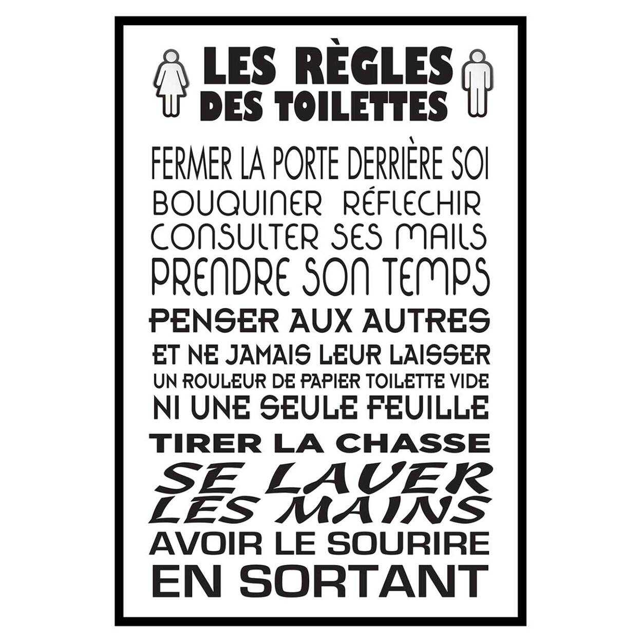 Affiche encadrée règles des toilettes typographie noire et blanche Affiche + cadre en métal - Noir