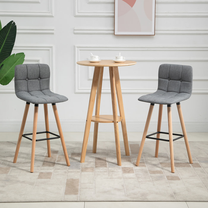 Lot de 2 tabourets de bar style scandinave effet capitonné - chaises de bar - bois effet lin gris