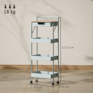 Carrito Auxiliar con Ruedas de 4 Niveles Carro de Cocina con 1 Cajón y 3 Cestas Carrito Organizador para Dormitorio Salón Oficina Verde Claro