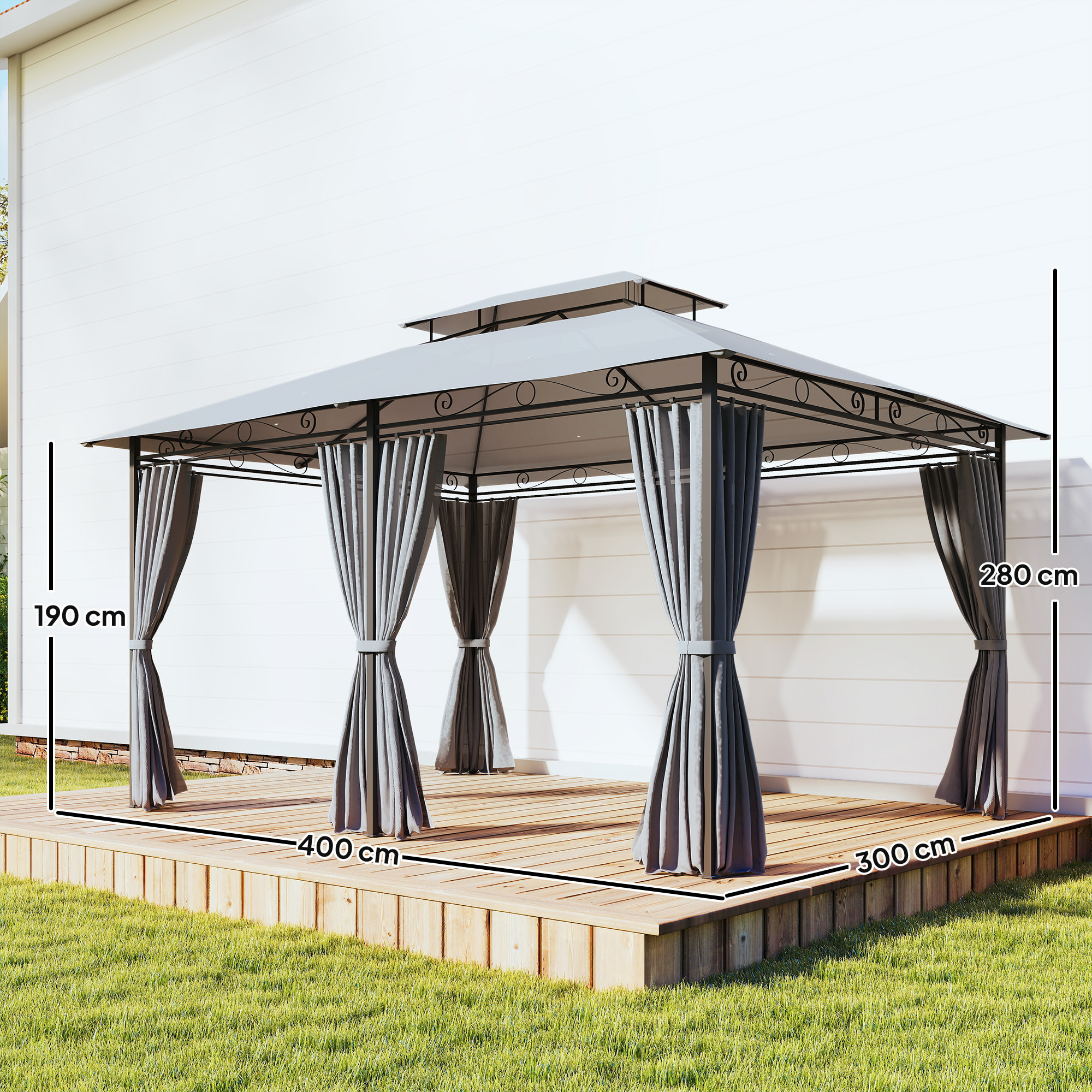 Cenador para Jardín 3x4 m, Pabellón de Jardín, Gazebo con Doble Techo, 6 Paredes Laterales, Estructura Metálica, Drenaje, Carpa para Exterior, Terraza, Patio, Gris Oscuro